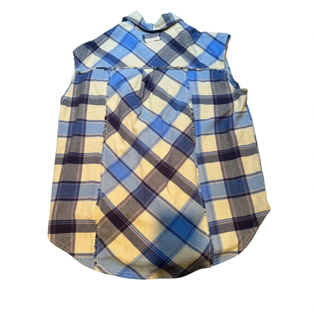 We The Free People Blue Yellow Plaid‎ Sleeveless Button Down Bib Top OB2064767 L - Picture 7 of 10